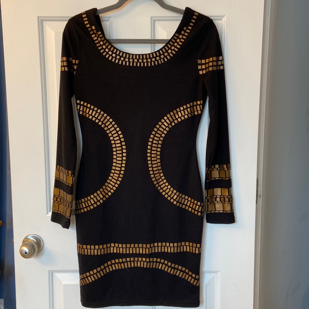 Miusol Black Long Sleeve Bodycon Dress with Gold Mosaic Trim